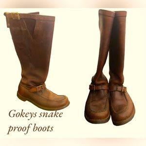 Vintage Gokey's Tall “Botte Sauvage” boots in brown leather with buckle detail.